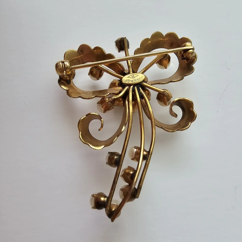 Vintage Signed FB Foster & Bailey 1/20 12K Gold Filled Pearl Bow Brooch MCM